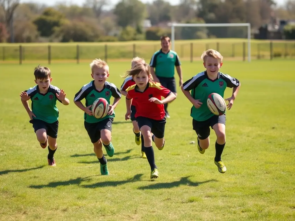 A dynamic image of young rugby players in action during a training session, showcasing teamwork and determination.