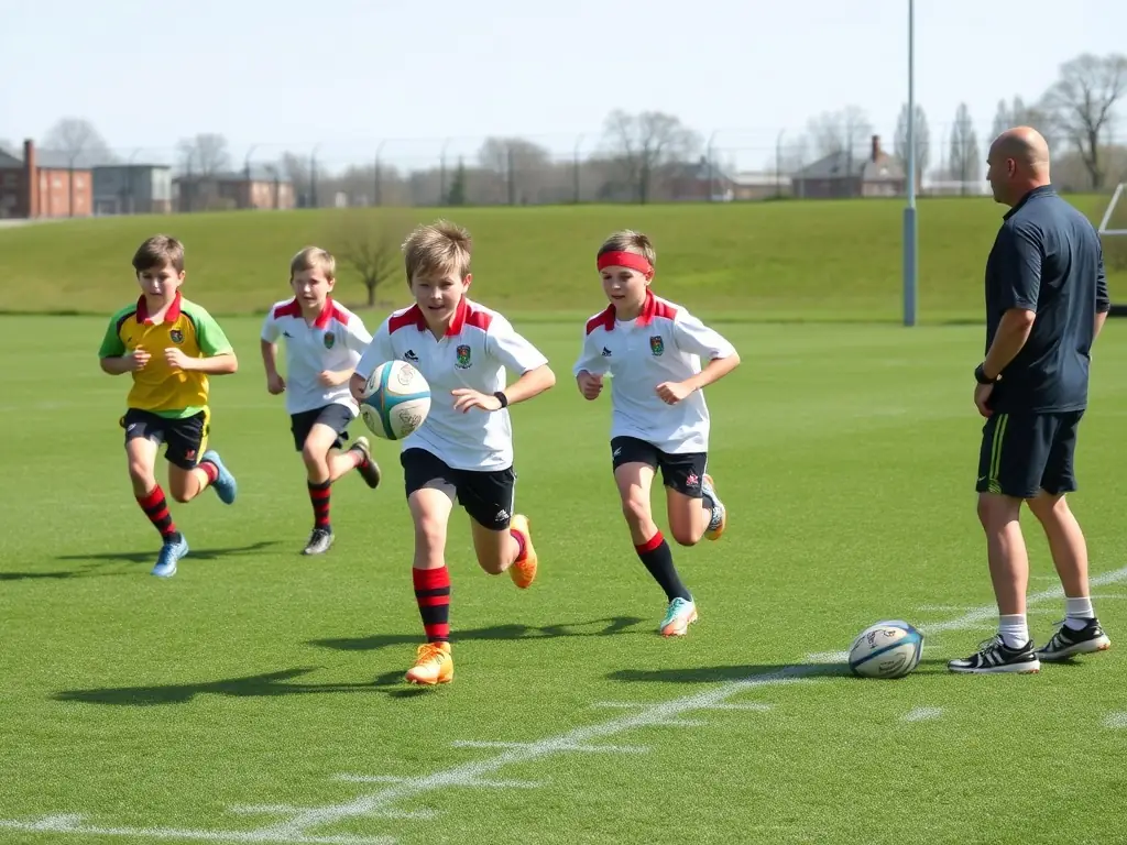 A group of young players practicing rugby drills on a lush green field, with coaches providing guidance and encouragement. The scene is vibrant and energetic, capturing the essence of youth rugby training.