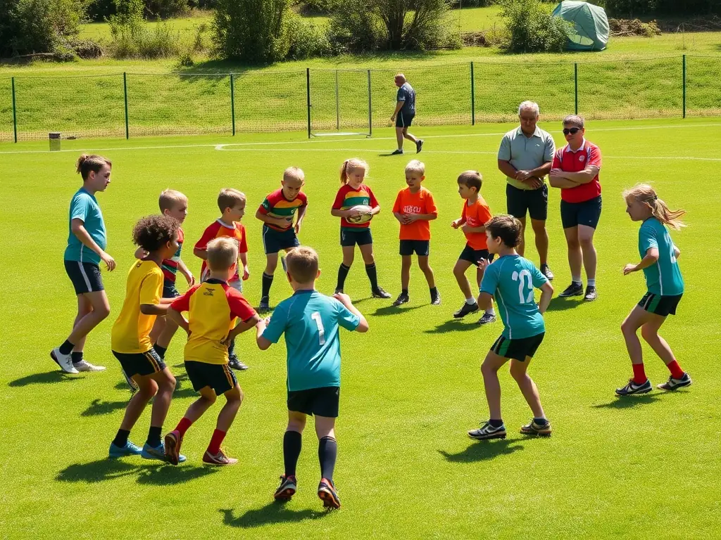 A diverse group of rugby players participating in a training session, focusing on teamwork and strategic plays. The image highlights the inclusive nature of the sport and the importance of collaboration.