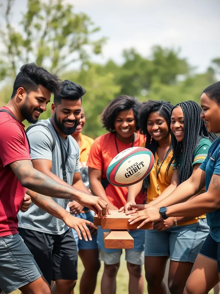 A diverse group of UNION SPORTIVE MERLINES members participating in a team-building activity, highlighting the inclusive nature of the organization and its commitment to social cohesion.