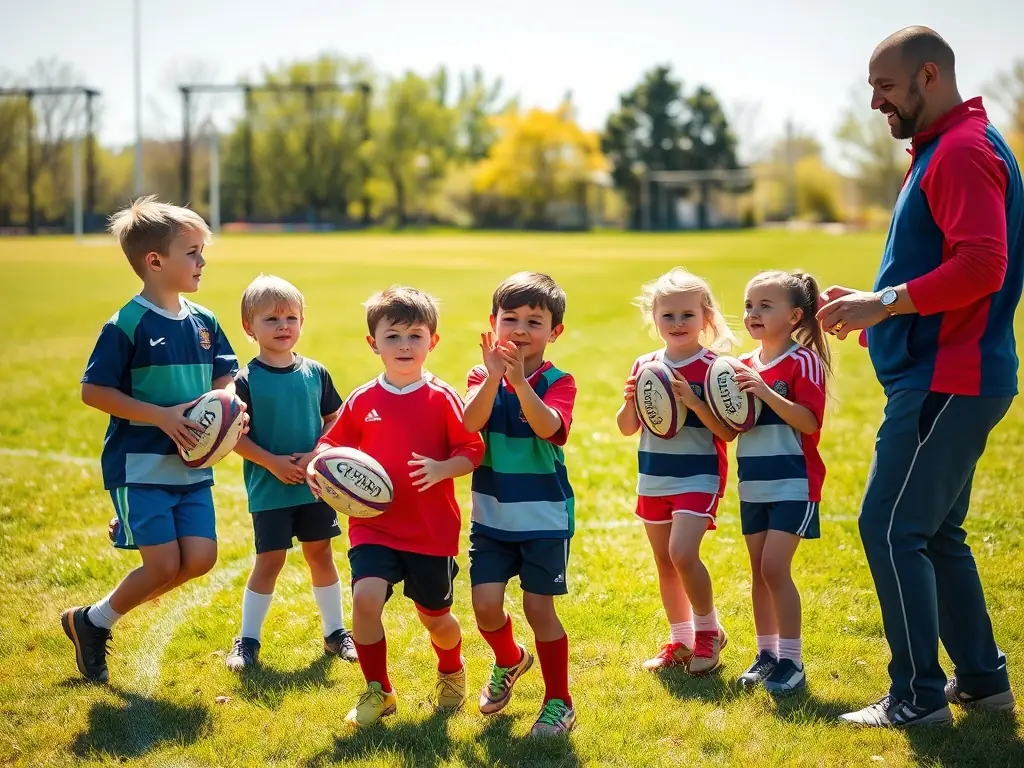 A group of young rugby players participating in a training session on a sunny field, focusing on passing and catching drills, with coaches providing guidance and encouragement.