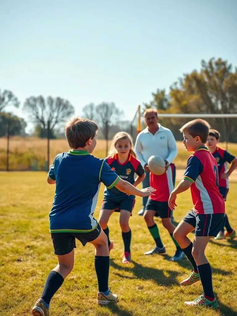 A group of young rugby players in UNION SPORTIVE MERLINES uniform, practicing passing drills on a sunny field during a training session. The focus is on teamwork and skill development.