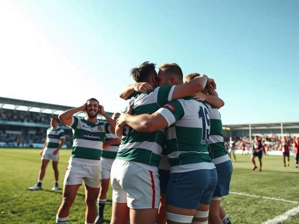 A group of rugby players celebrating a victory, emphasizing the physical fitness and health benefits of playing rugby.