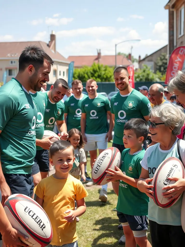 A dynamic shot of a rugby match in Merlines, showcasing players in action during a community tournament. The image captures the energy and excitement of the game.