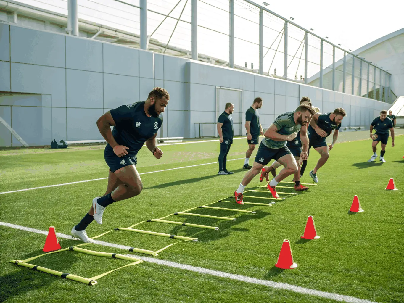 A determined rugby player practicing discipline and focus during a drill, highlighting the mental toughness developed through the sport.