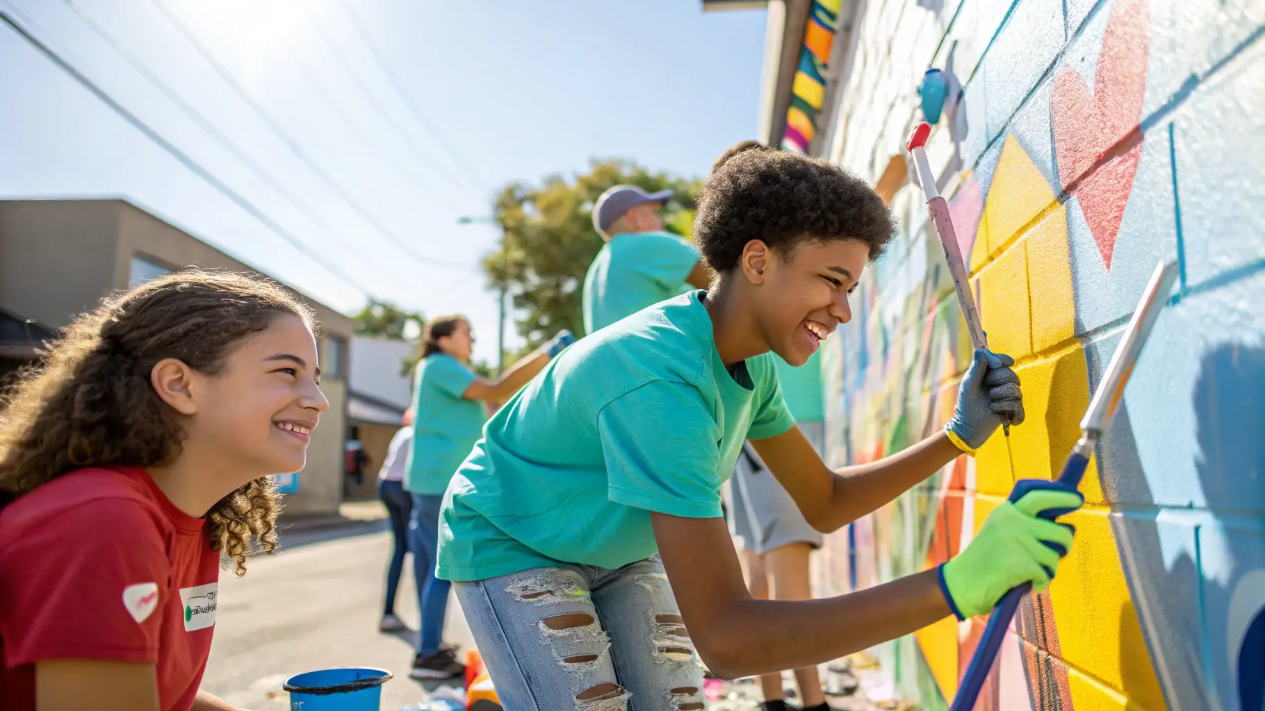 A group of UNION SPORTIVE MERLINES members volunteering at a local community event, painting a mural on a building wall.