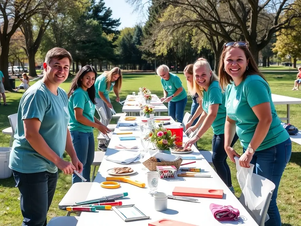 A photo of volunteers and participants working together during a community outreach event organized by UNION SPORTIVE MERLINES, showcasing the organization's commitment to social responsibility.