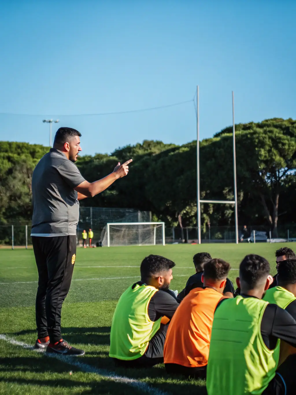 A coach from UNION SPORTIVE MERLINES mentoring young players during a rugby clinic, emphasizing the importance of discipline and physical fitness.